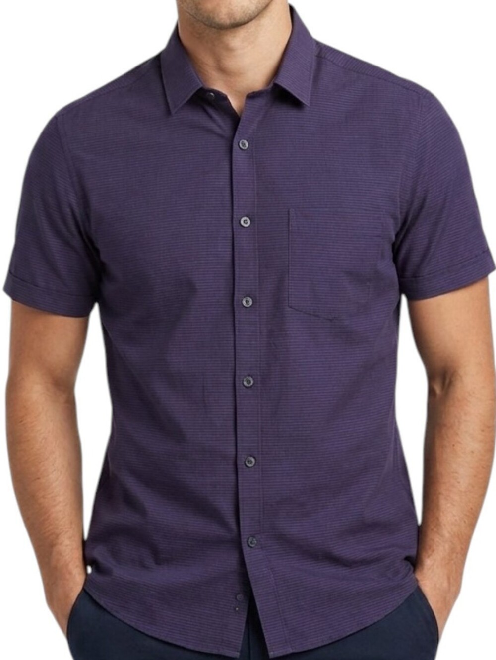 Marc Anthony Mens Navy Coral Stripe Short Sleeve Button Up Shirt Slim Fit Large